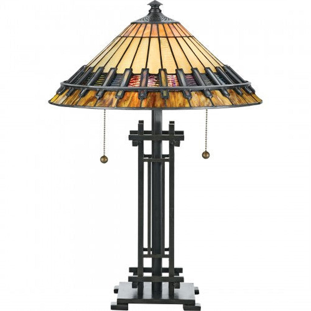 Chastain Table Lamp with geometric art glass shade and dark bronze Mission style base.