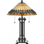 Chastain Table Lamp with geometric art glass shade and dark bronze Mission style base.