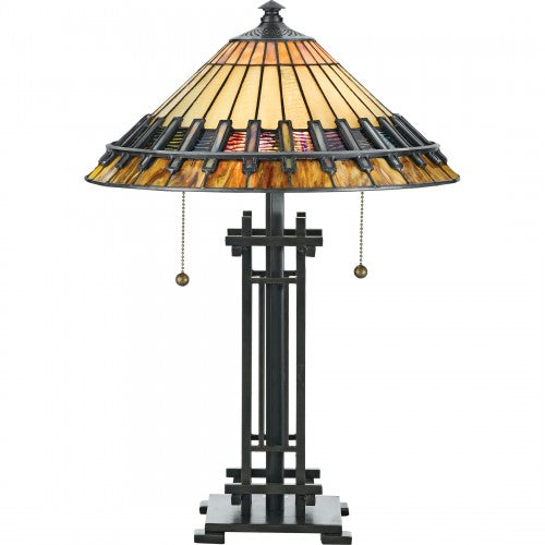 Chastain Table Lamp with geometric art glass shade and dark bronze Mission style base.