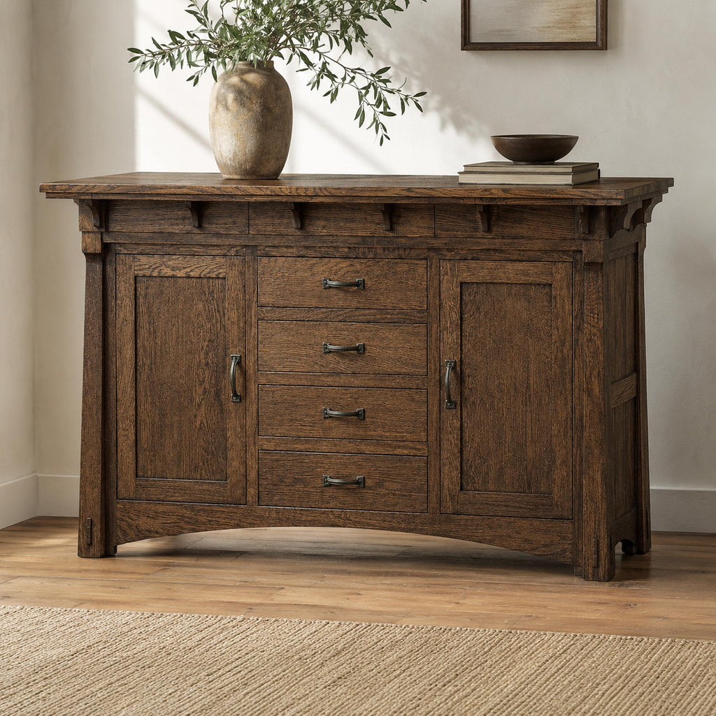 MaRyan Craftsman-style sideboard in bourbon-stained oak with corbels and drawers