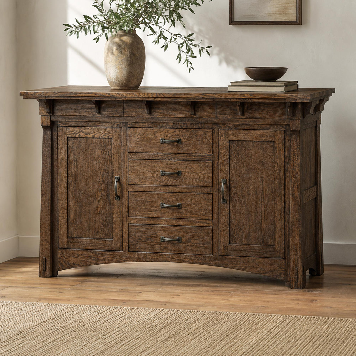 MaRyan Craftsman-style sideboard in bourbon-stained oak with corbels and drawers