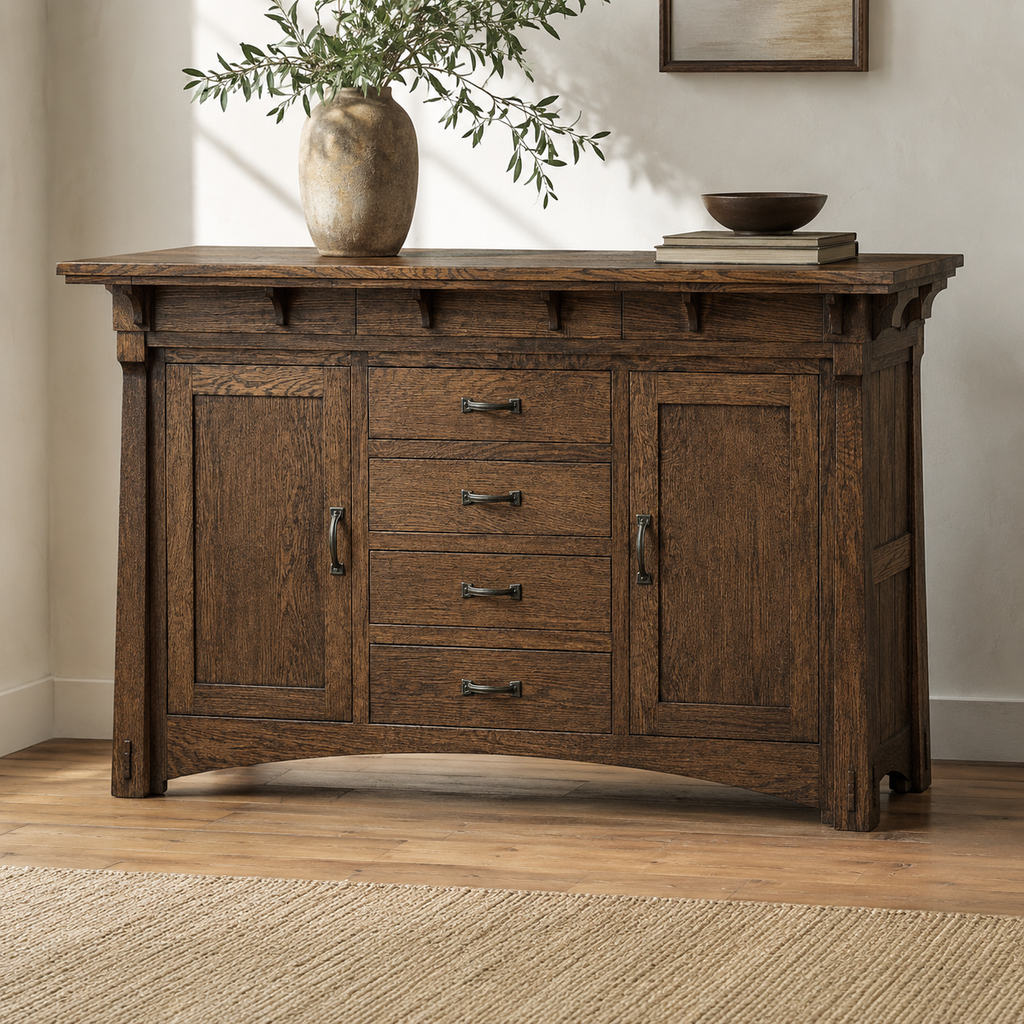 MaRyan Craftsman-style sideboard in bourbon-stained oak with corbels and drawers