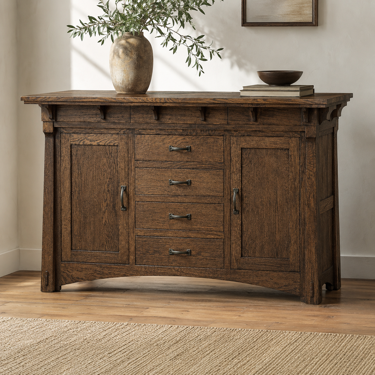 MaRyan Craftsman-style sideboard in bourbon-stained oak with corbels and drawers