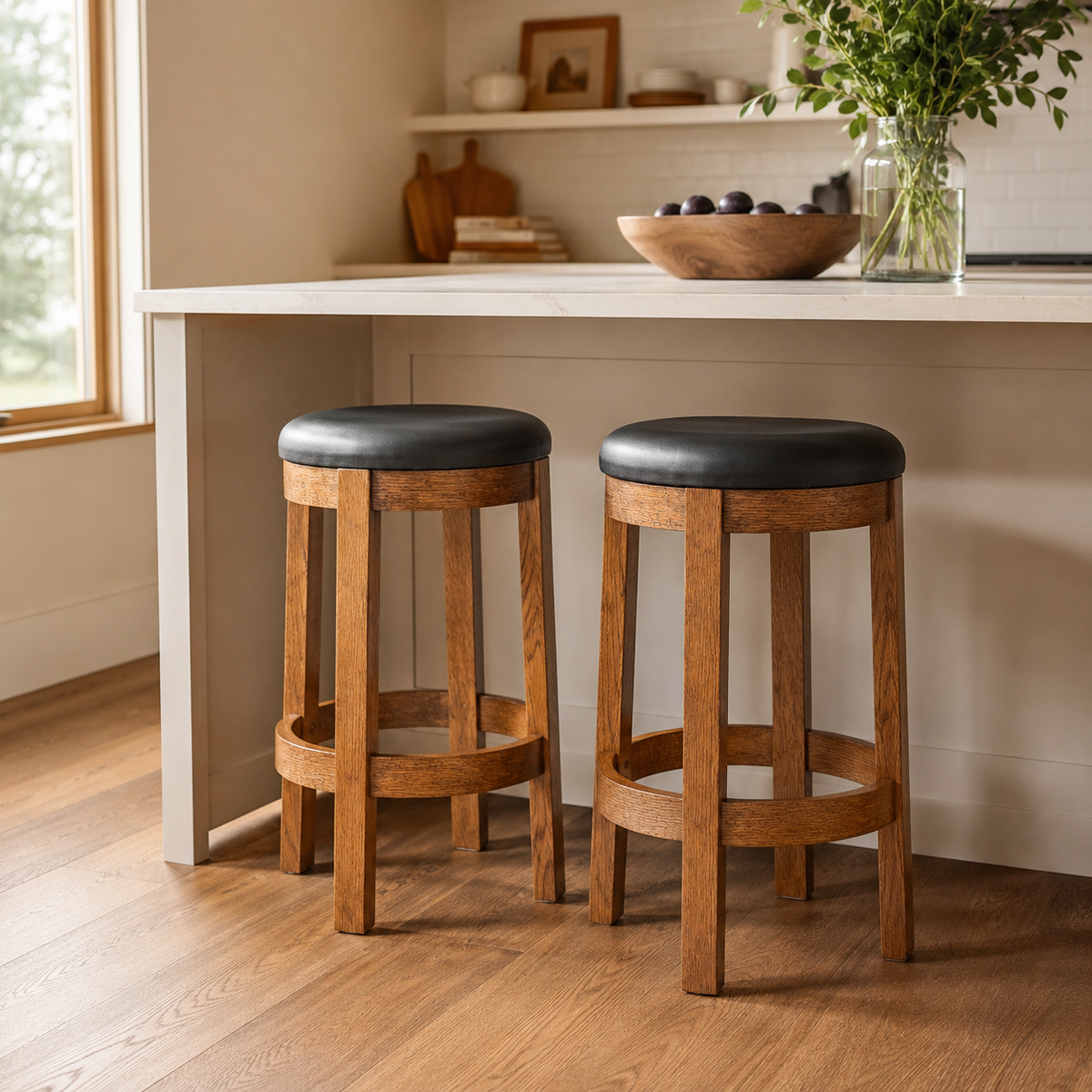 Two oak barrel swivel barstools with black leather seats at a kitchen island.