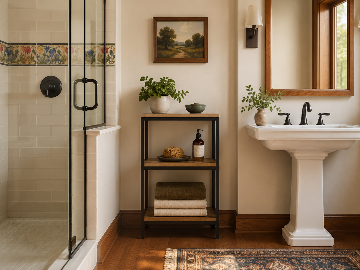 Three-tier Omni Bookcase with black metal frame and wood shelves in a bathroom.