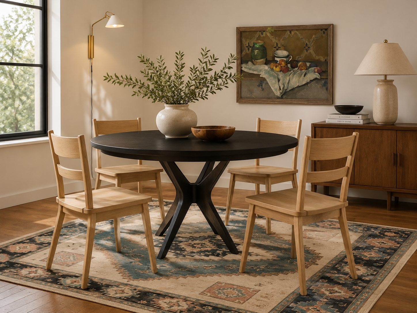 West Newton midcentury round black wood dining table with light oak chairs