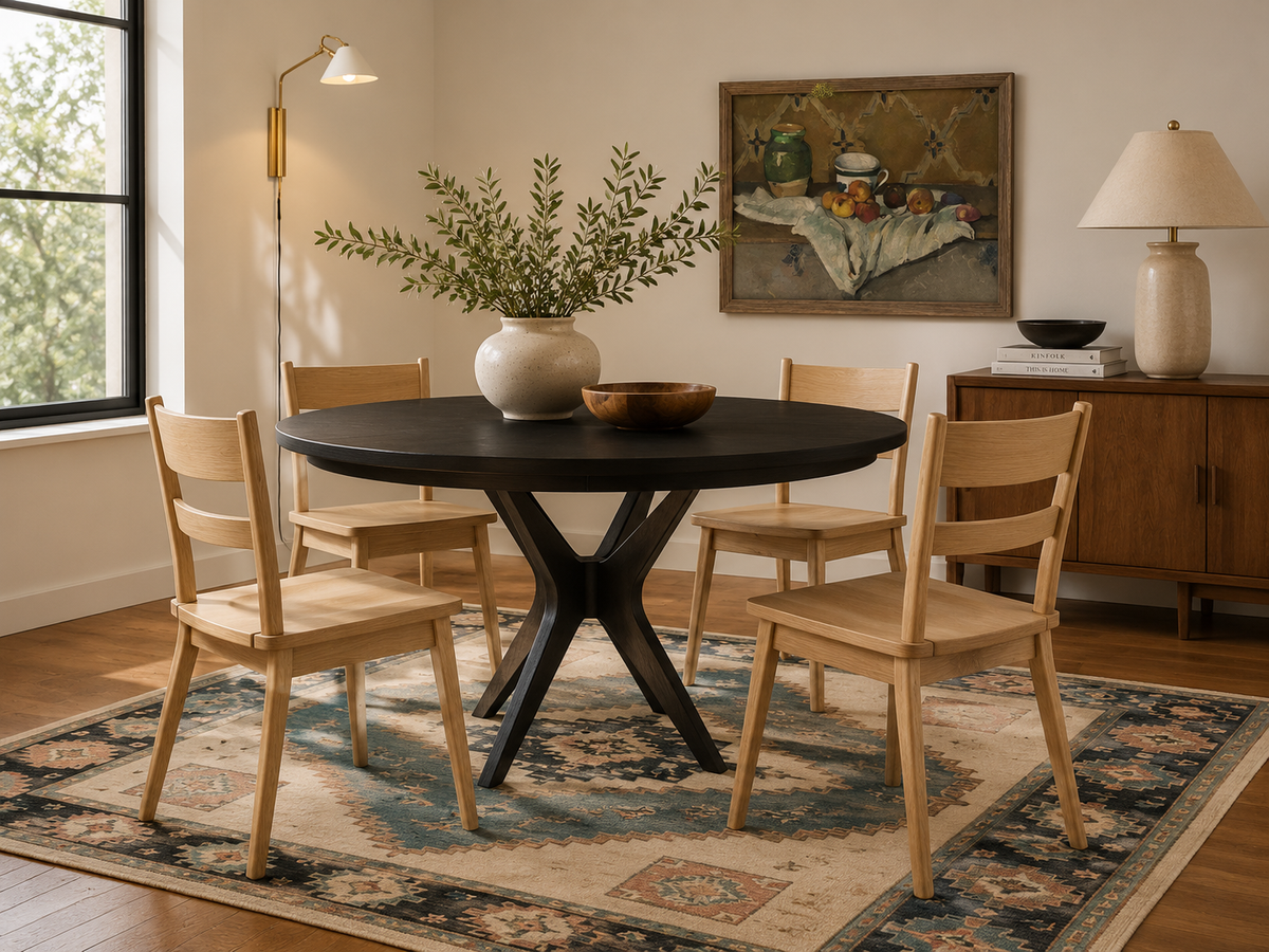 Hilko light wood side chairs with ladder backs around a round black dining table