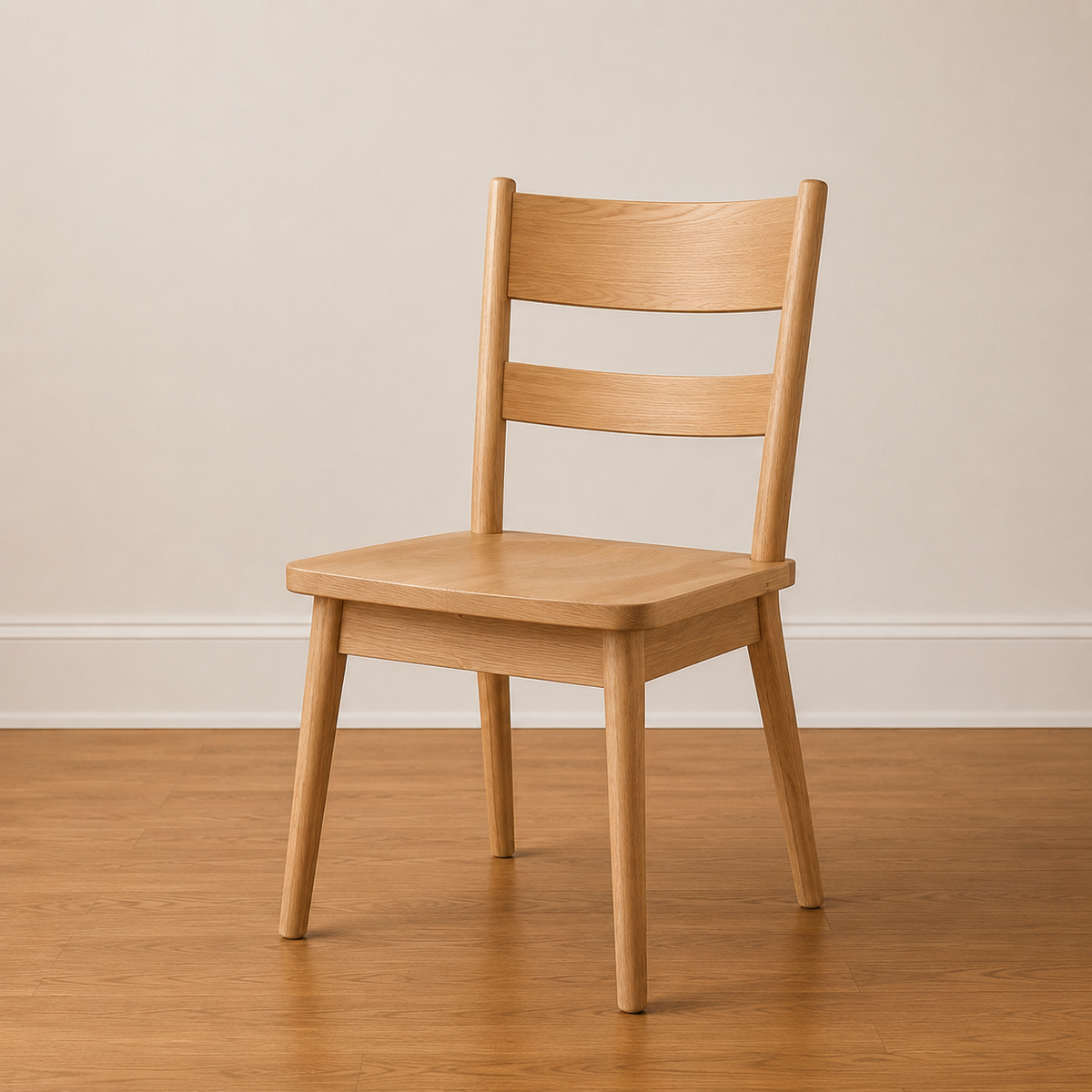 Hilko Side Chair in light natural wood with a ladder back design on a wooden floor