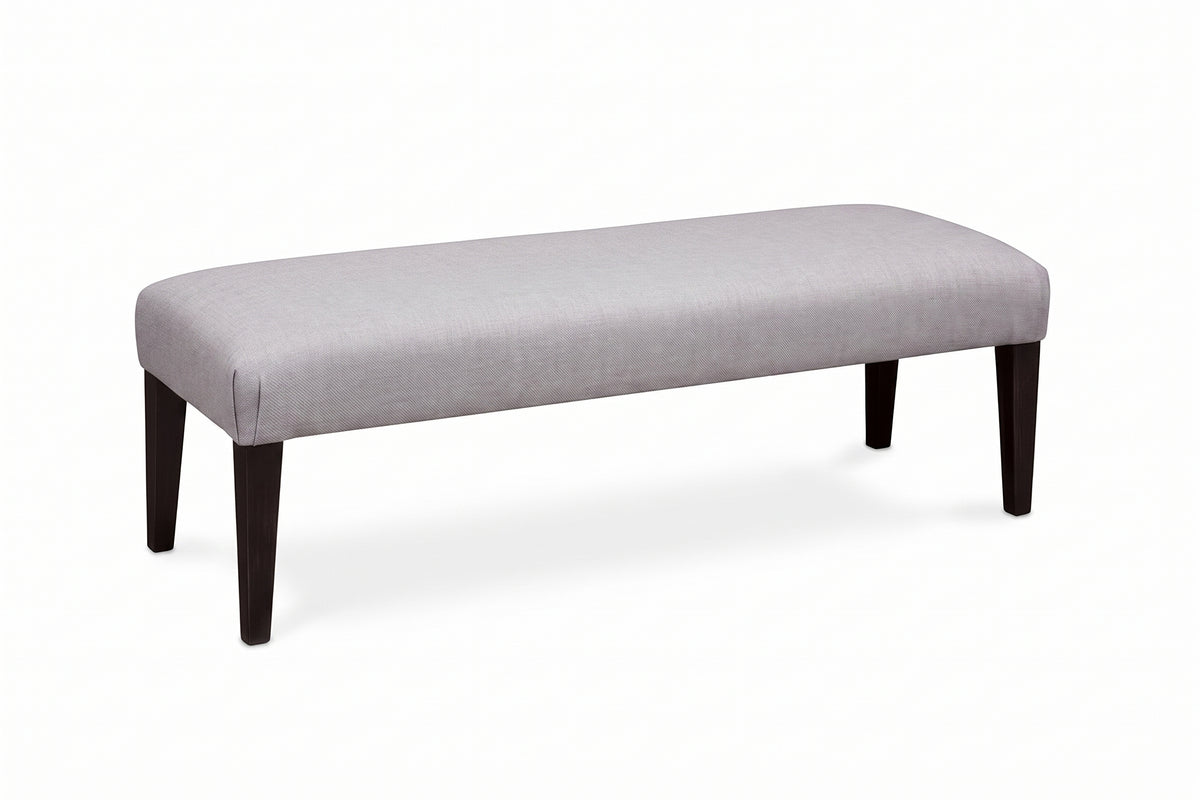 Claire upholstered bench with light grey fabric and dark wood legs