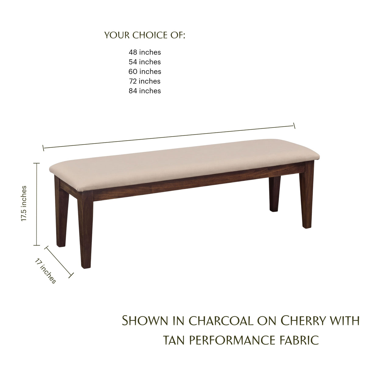 Claire upholstered bench in tan performance fabric with a dark cherry wood frame.