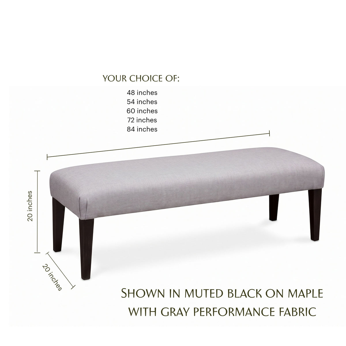 Claire upholstered bench in gray performance fabric with black maple legs and dimensions.