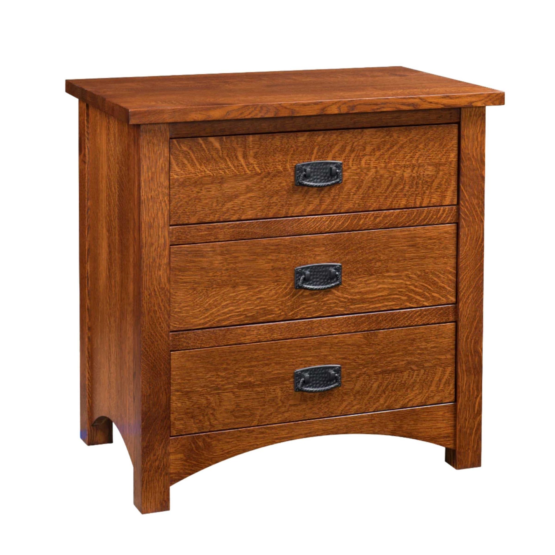 Claremont wide mission nightstand in warm brown oak wood with three drawers and black metal pulls.