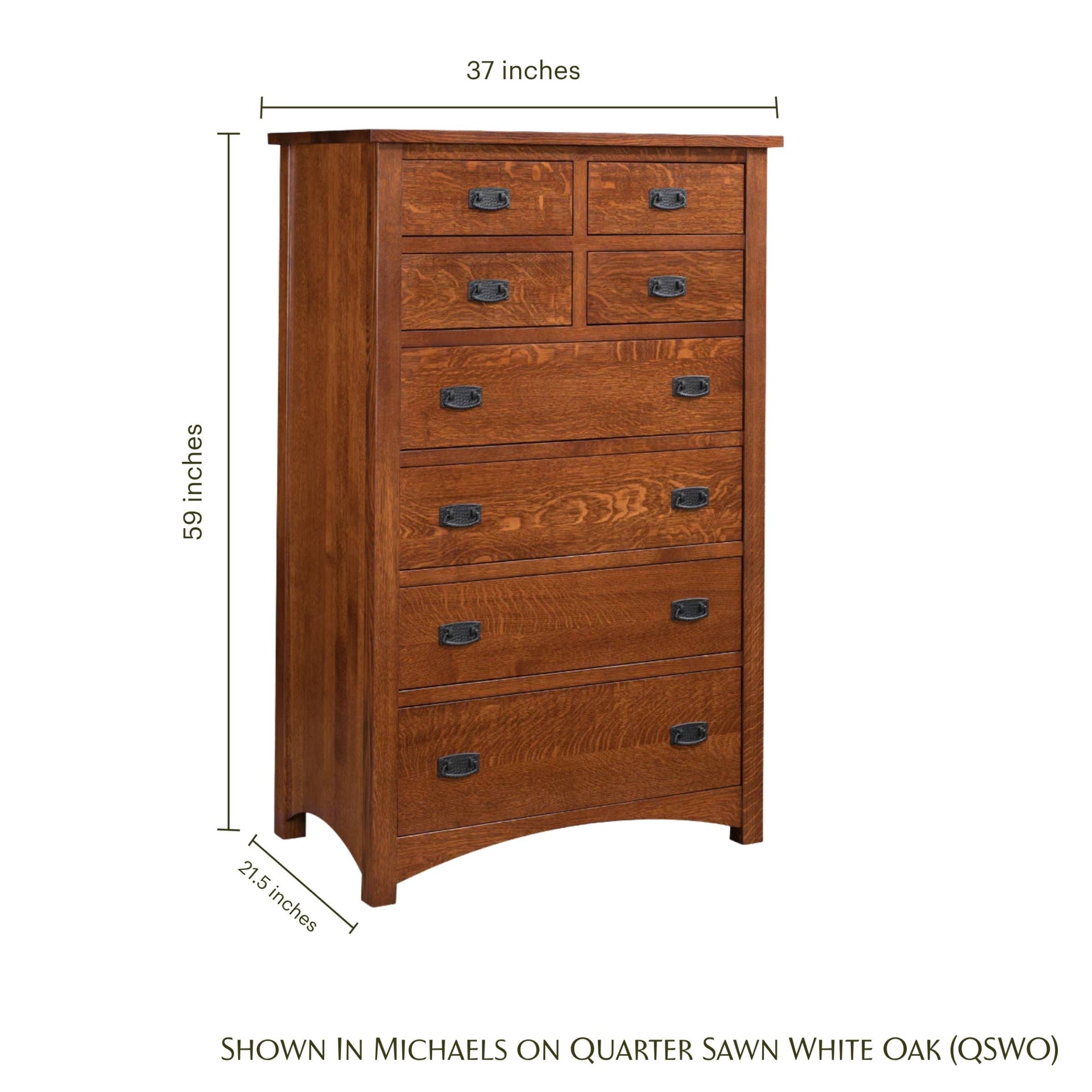 Claremont Mission Chest in quarter sawn white oak with dimensions shown.