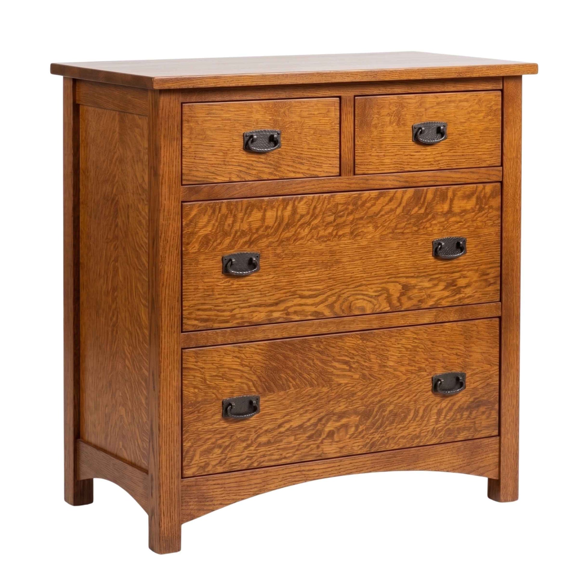 Claremont Mission oak chest of drawers with dark metal hardware on a white background