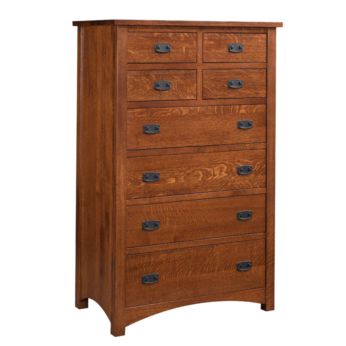 Claremont Mission Chest in warm brown oak wood with eight drawers and dark metal pulls.
