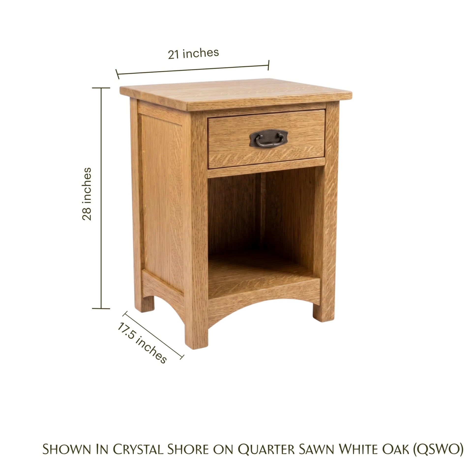 Claremont Mission Nightstand in light oak wood with dimensions 21 by 28 by 17.5 inches