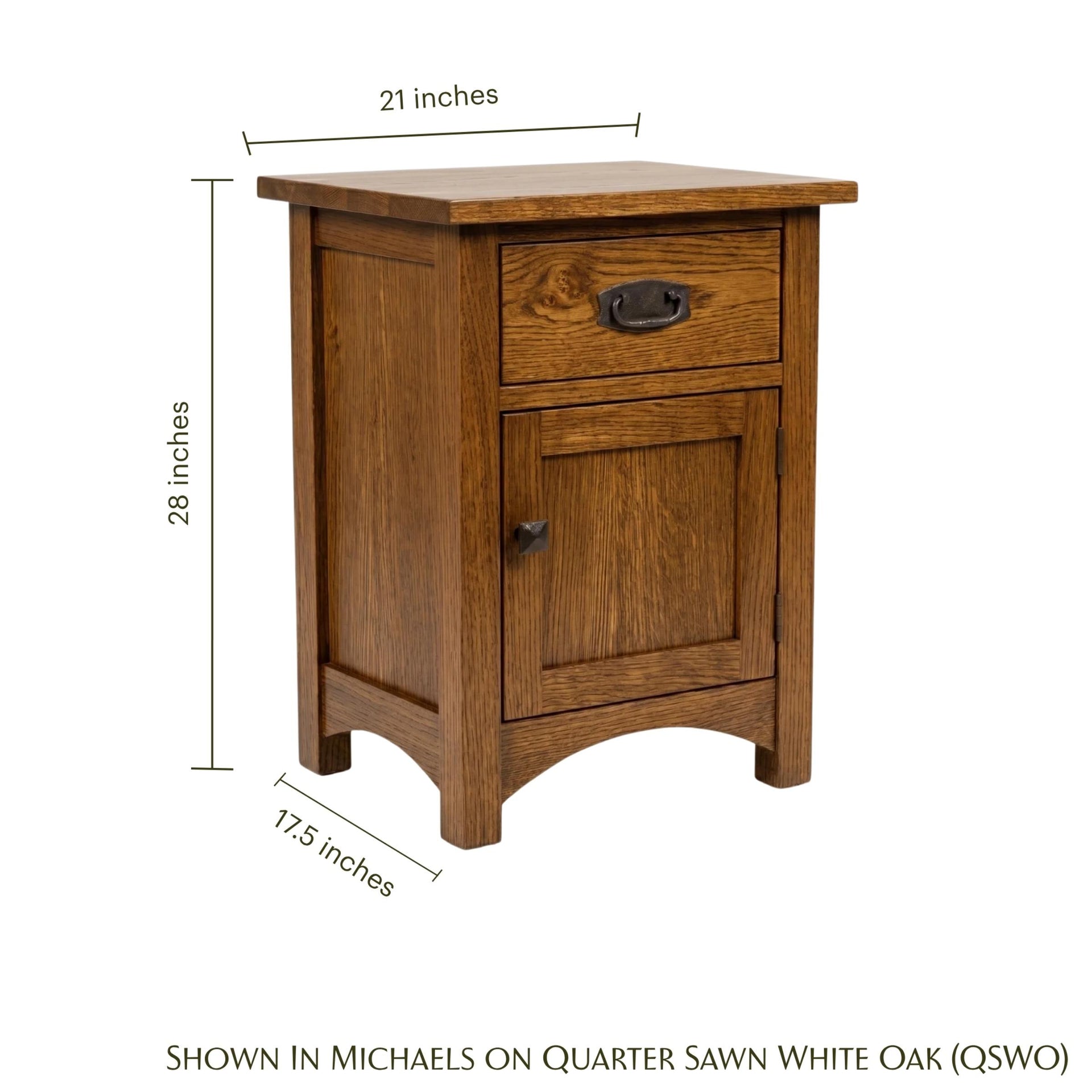 Claremont Mission oak nightstand with dimensions: 21" wide, 28" high, and 17.5" deep.