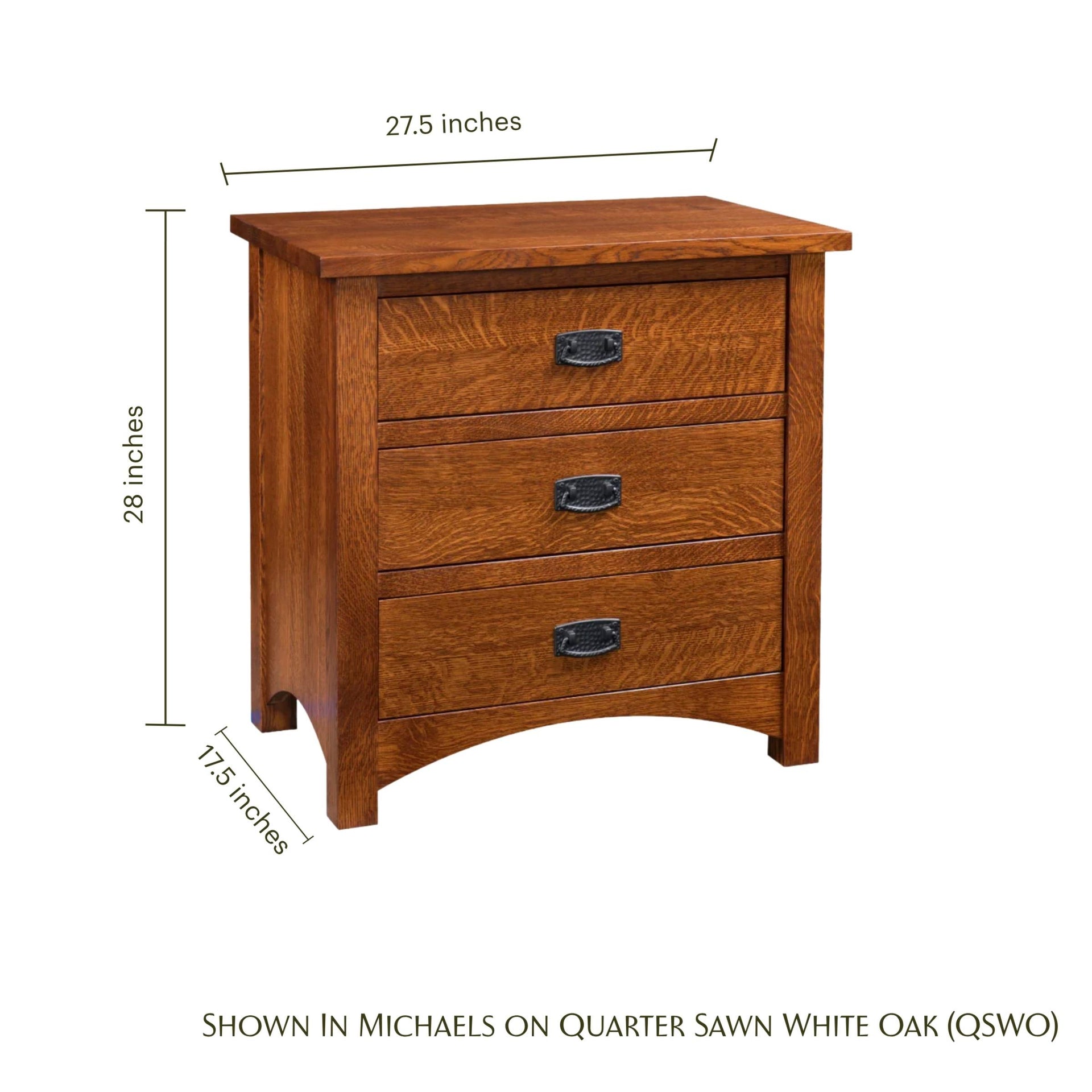 Claremont wide mission nightstand in oak with dimensions shown
