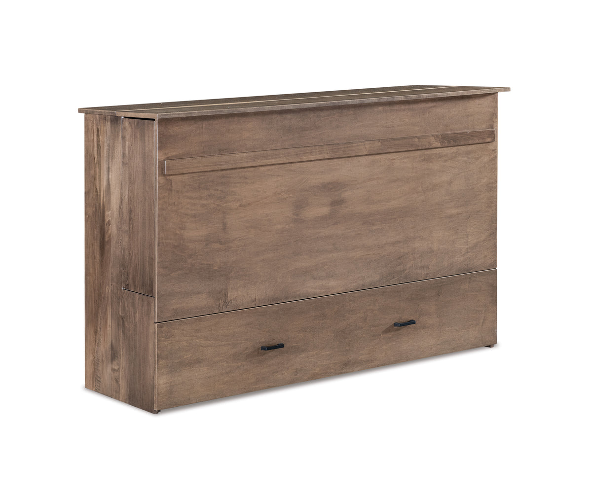 Concord Cabinet Murphy Bed in a closed, brown wood credenza style with bottom drawers.
