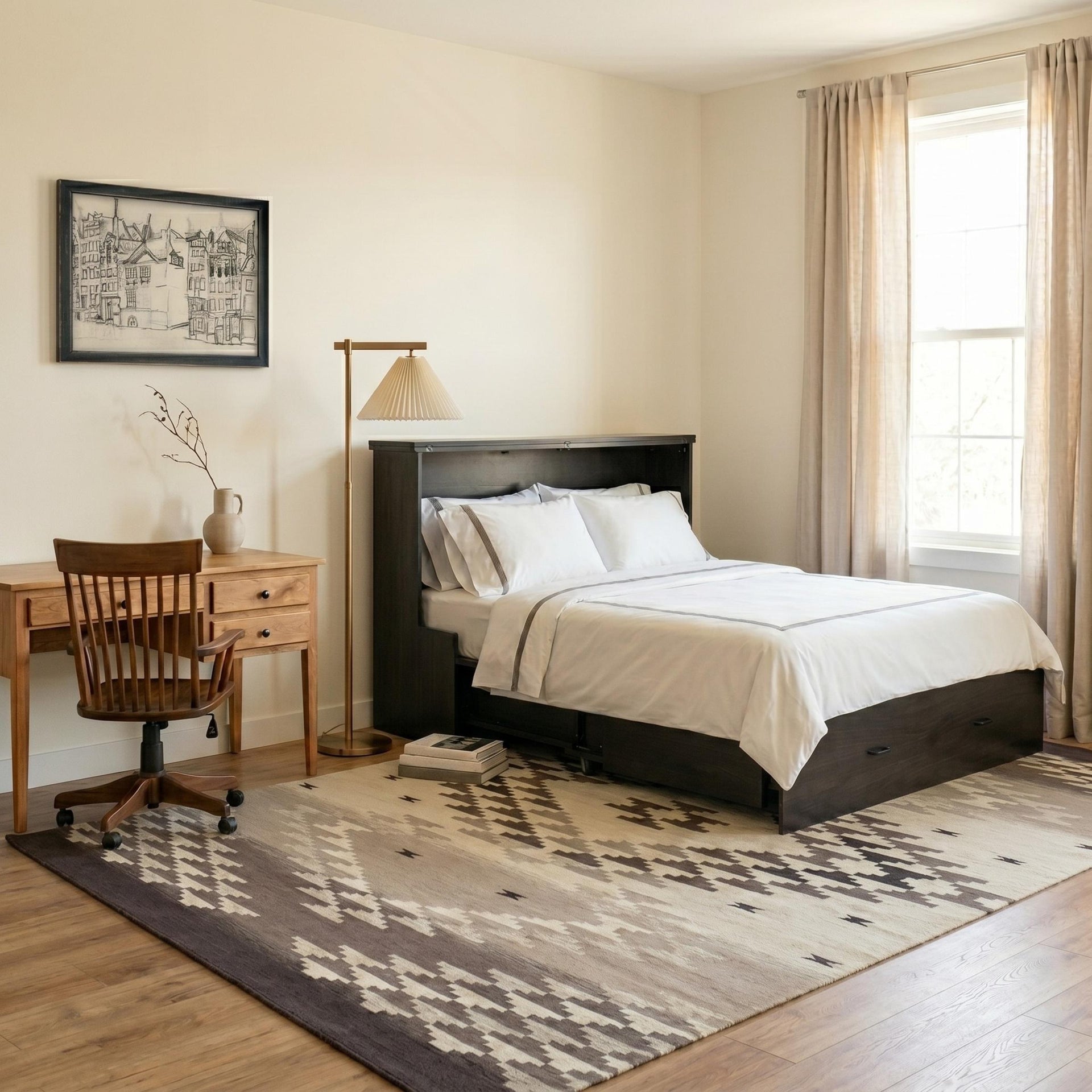 Shenandoah light wood writing desk with drawers and matching wooden chair in a bedroom.