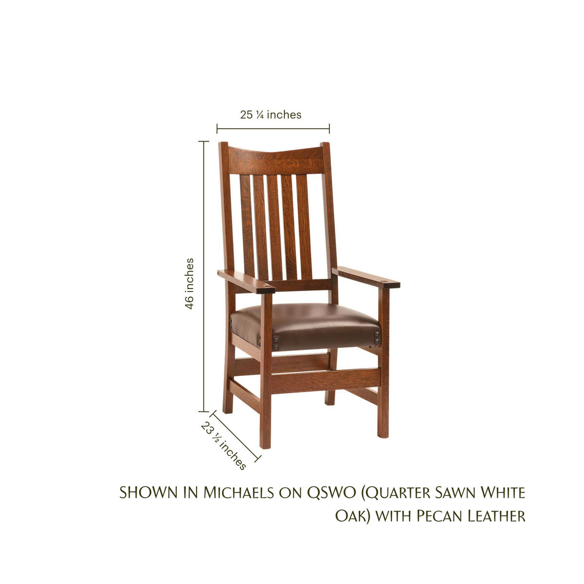 Conner Craftsman arm chair in oak wood with brown leather seat and dimensions shown.