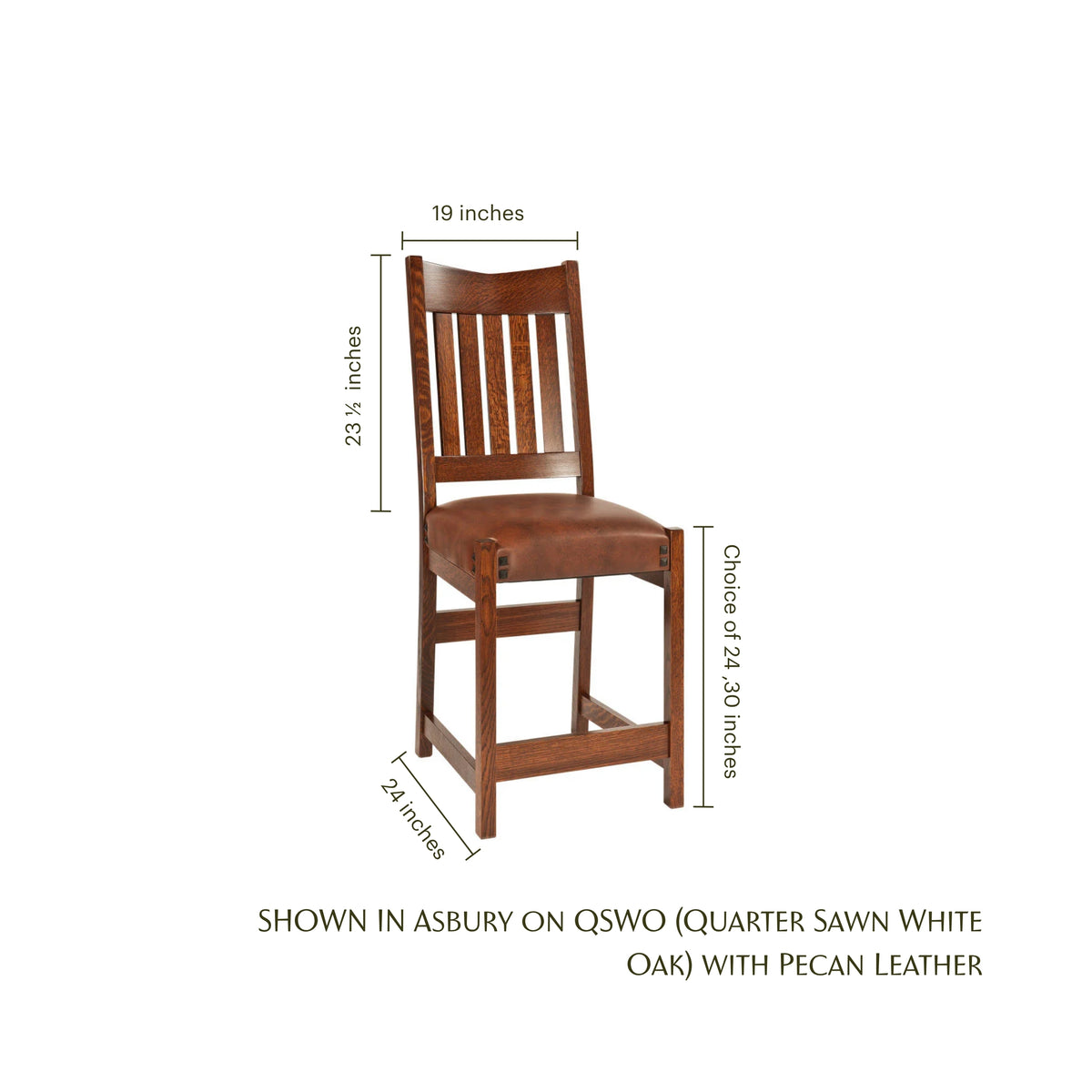 Conner oak bar chair with pecan leather seat and dimensions shown.