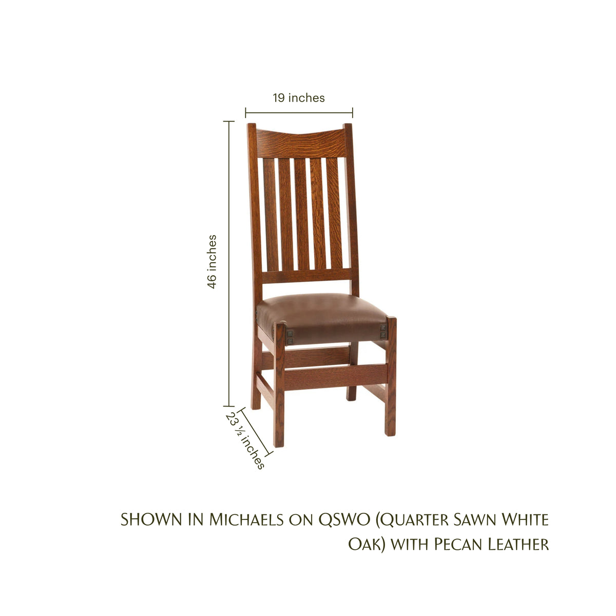 Conner Amish bar chair in quarter sawn white oak with pecan leather seat and dimensions.