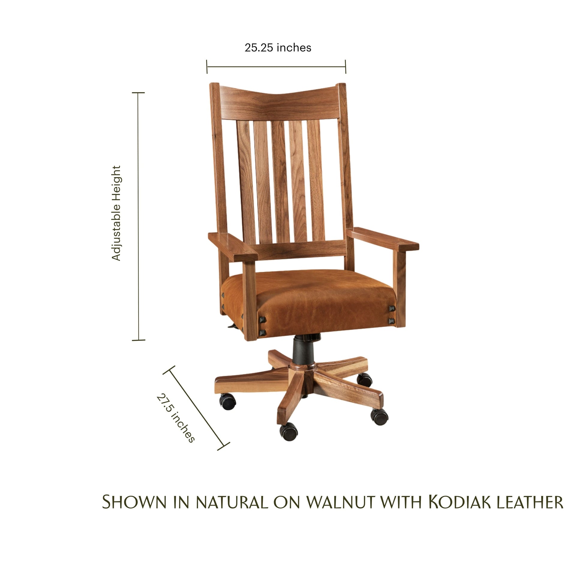 Conner wooden desk chair in natural walnut with brown Kodiak leather seat and dimensions.