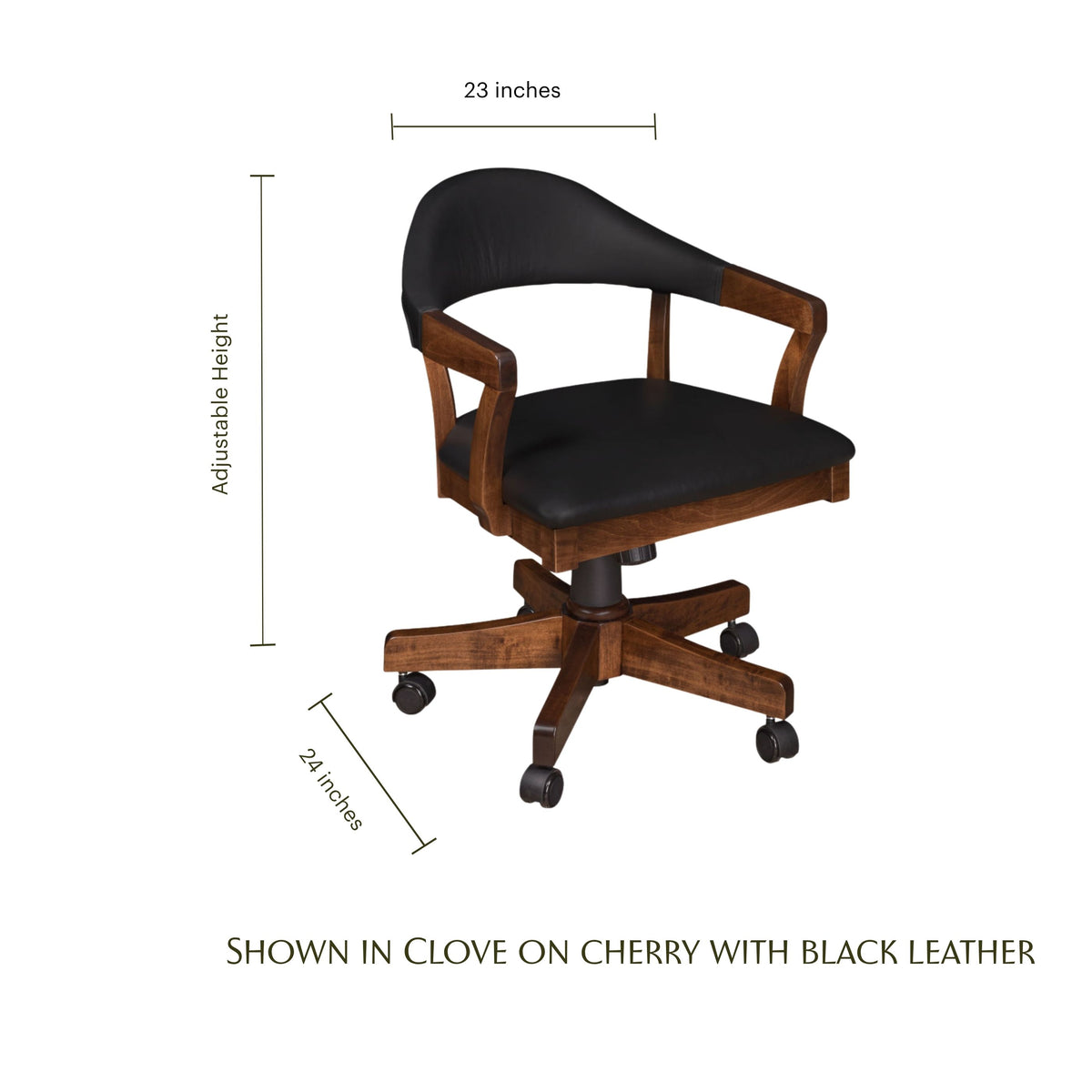 Elliott wooden desk chair in cherry wood with black leather seat and dimensions.
