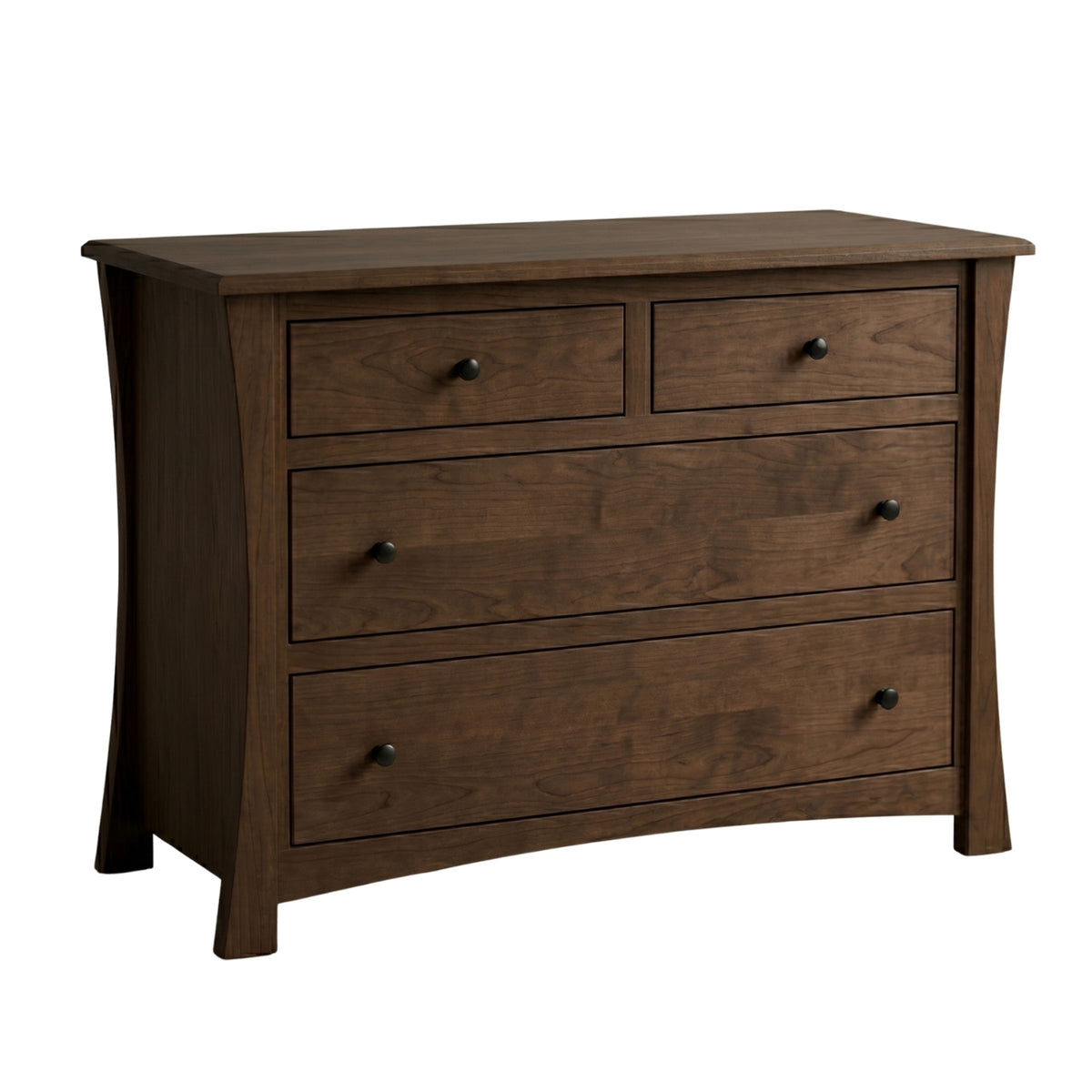 Contemporary dark brown solid hardwood 4-drawer dresser with black knobs and curved side panels.