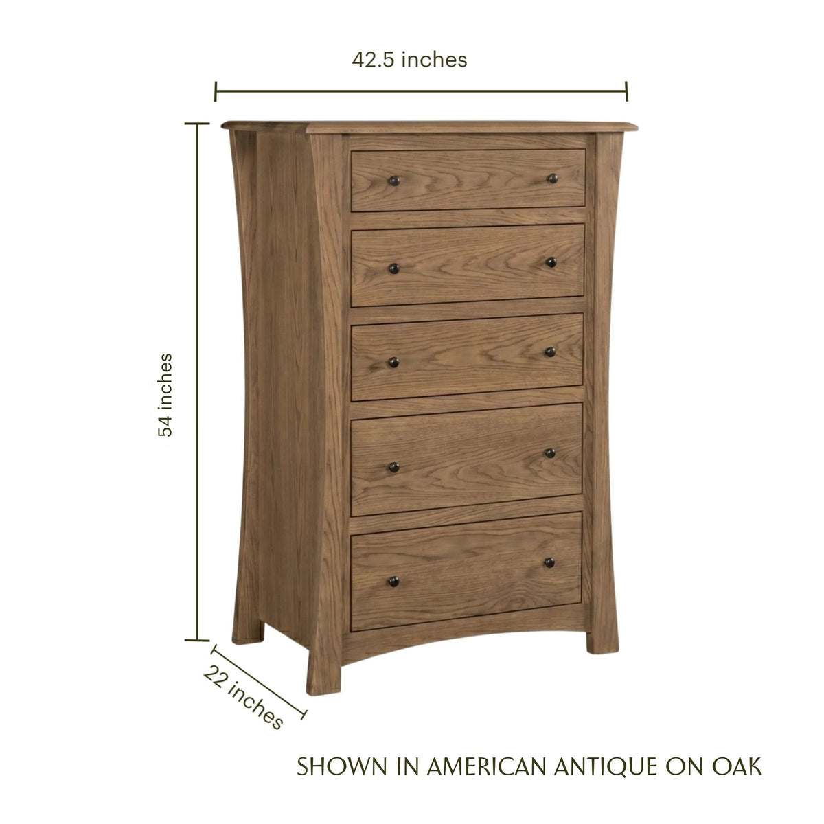 Contemporary 5-drawer oak chest in American Antique finish with dimensions.