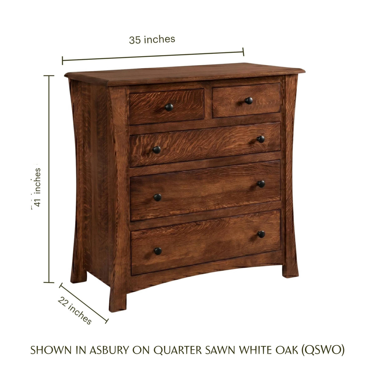 Contemporary 5-drawer chest in Asbury on quarter sawn white oak with dimensions.
