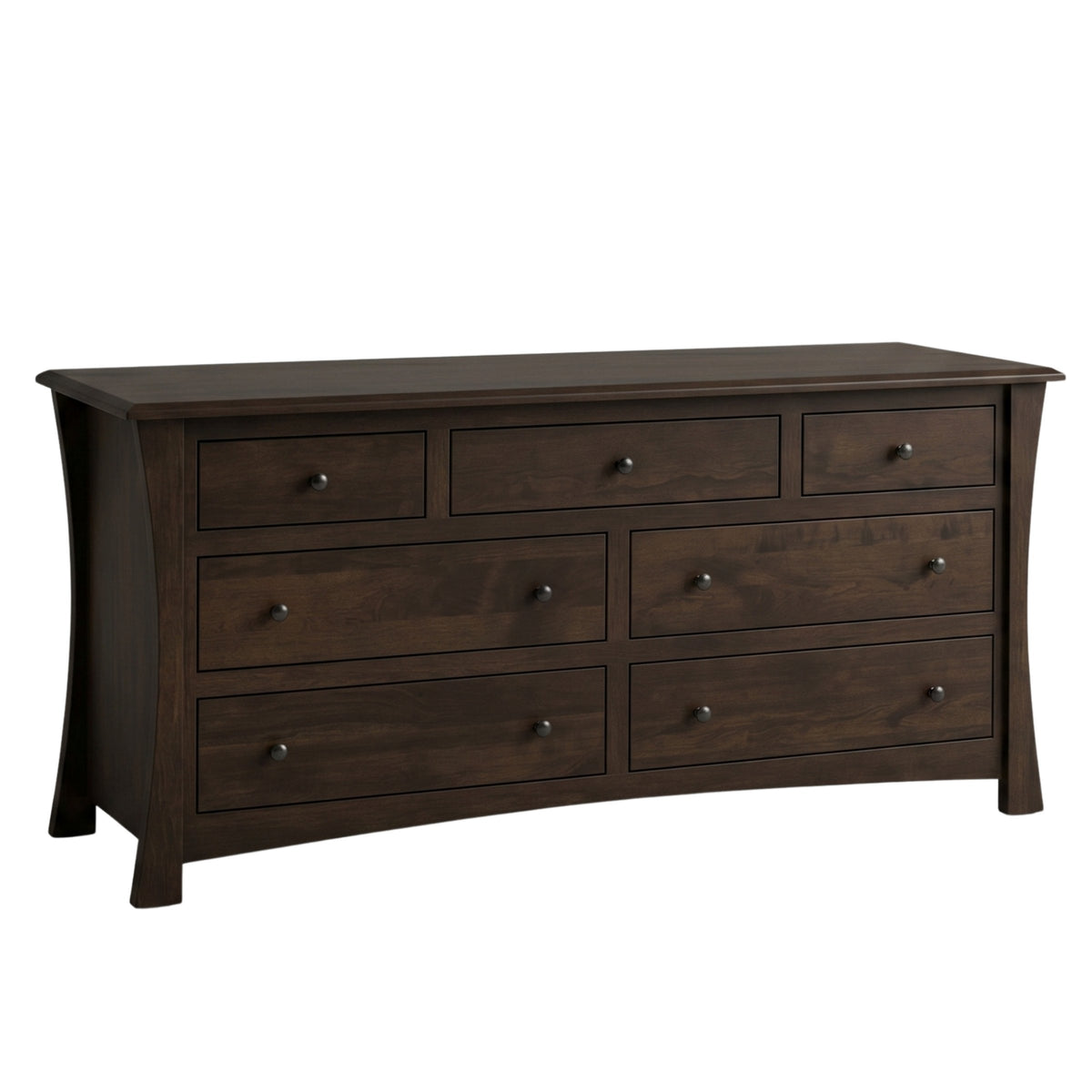 Contemporary dark brown wood 7-drawer dresser with curved sides and metal knobs.
