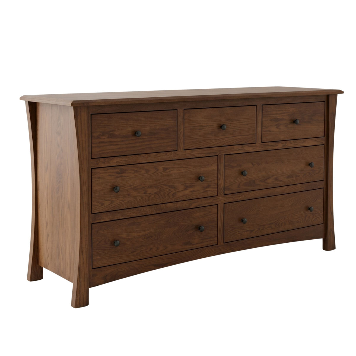 Contemporary 7-drawer dark brown wood dresser with curved sides and black knobs.