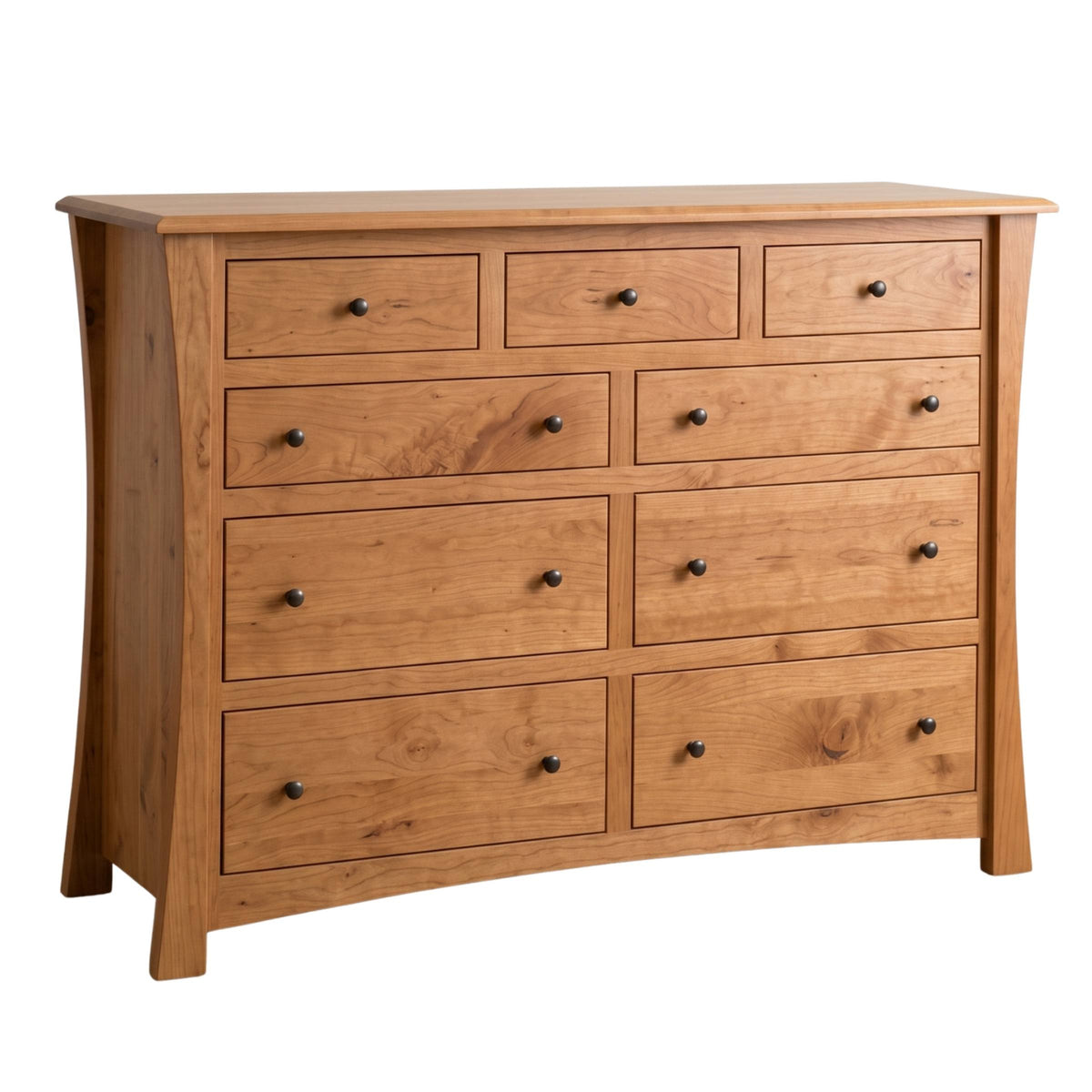 Contemporary 9-drawer wooden dresser with a natural cherry finish and curved side panels.