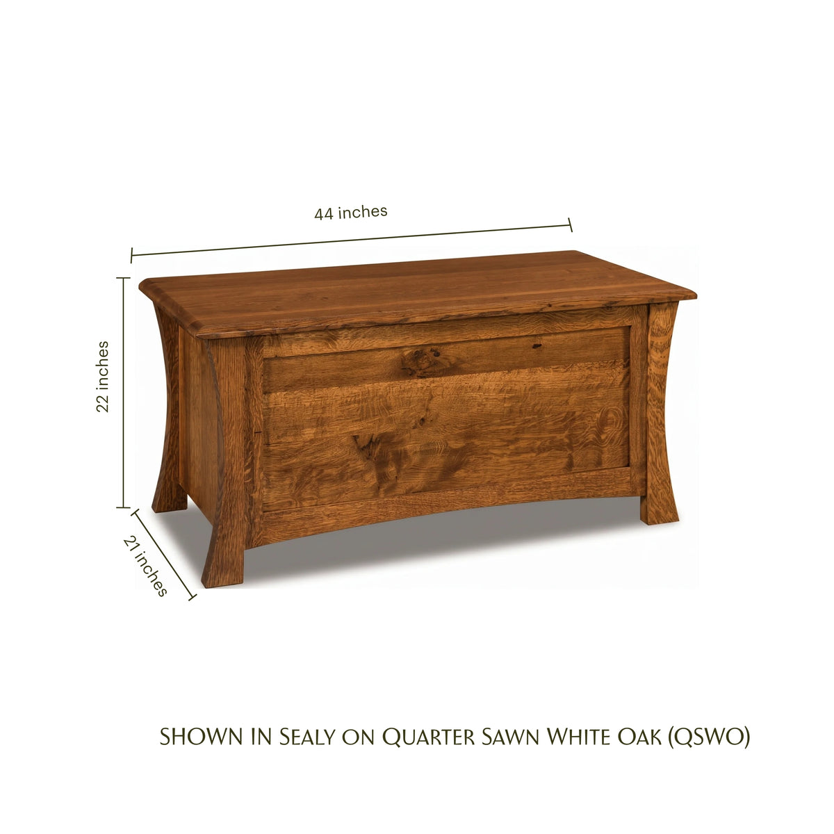 Contemporary wooden blanket chest in Sealy on Quarter Sawn White Oak with dimensions.