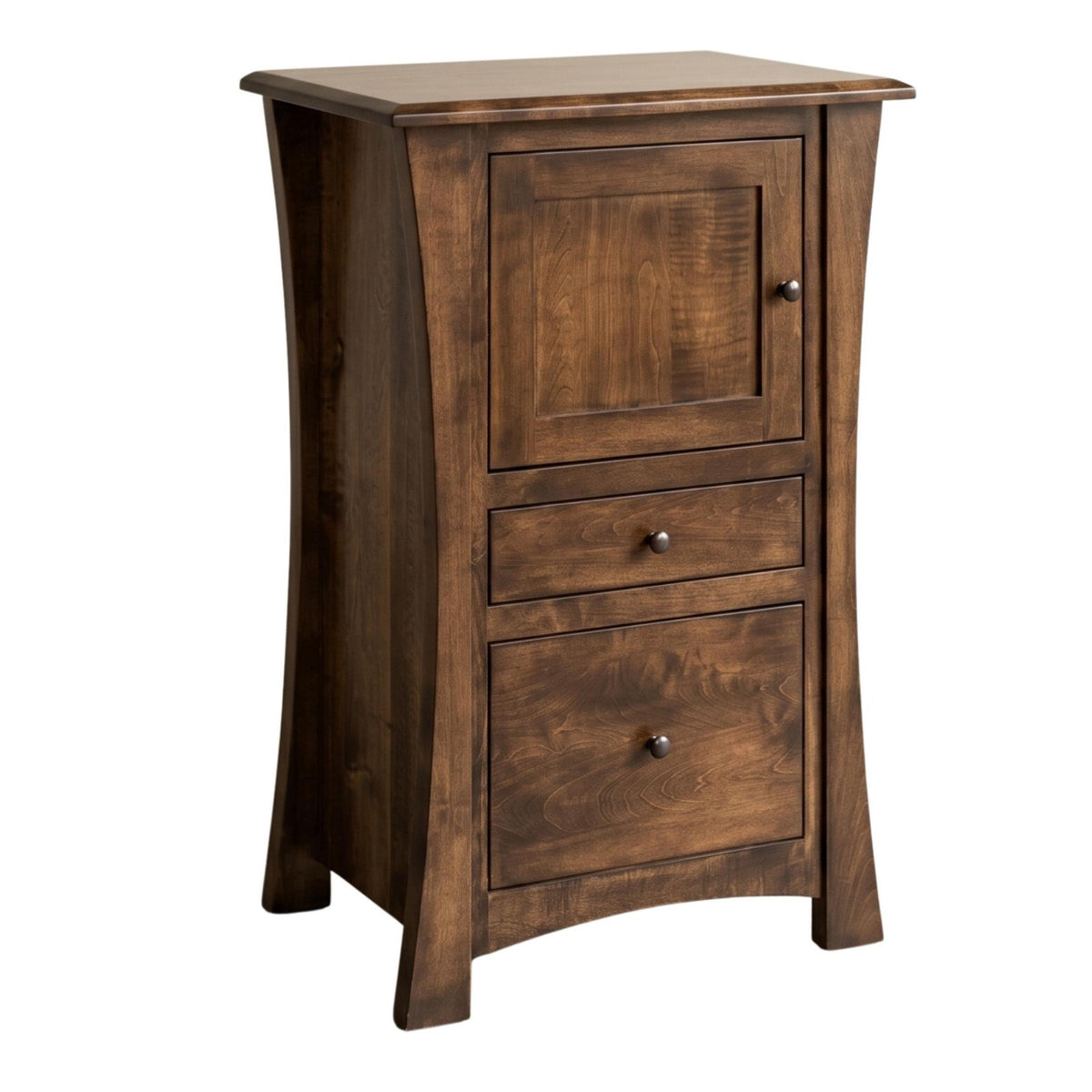 Contemporary dark brown solid hardwood CPAP nightstand with a cabinet and two drawers.