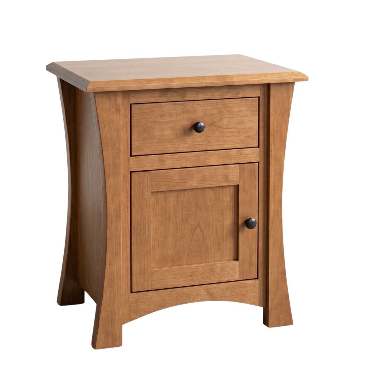 Contemporary solid wood nightstand with curved legs, one drawer, and a cabinet door.