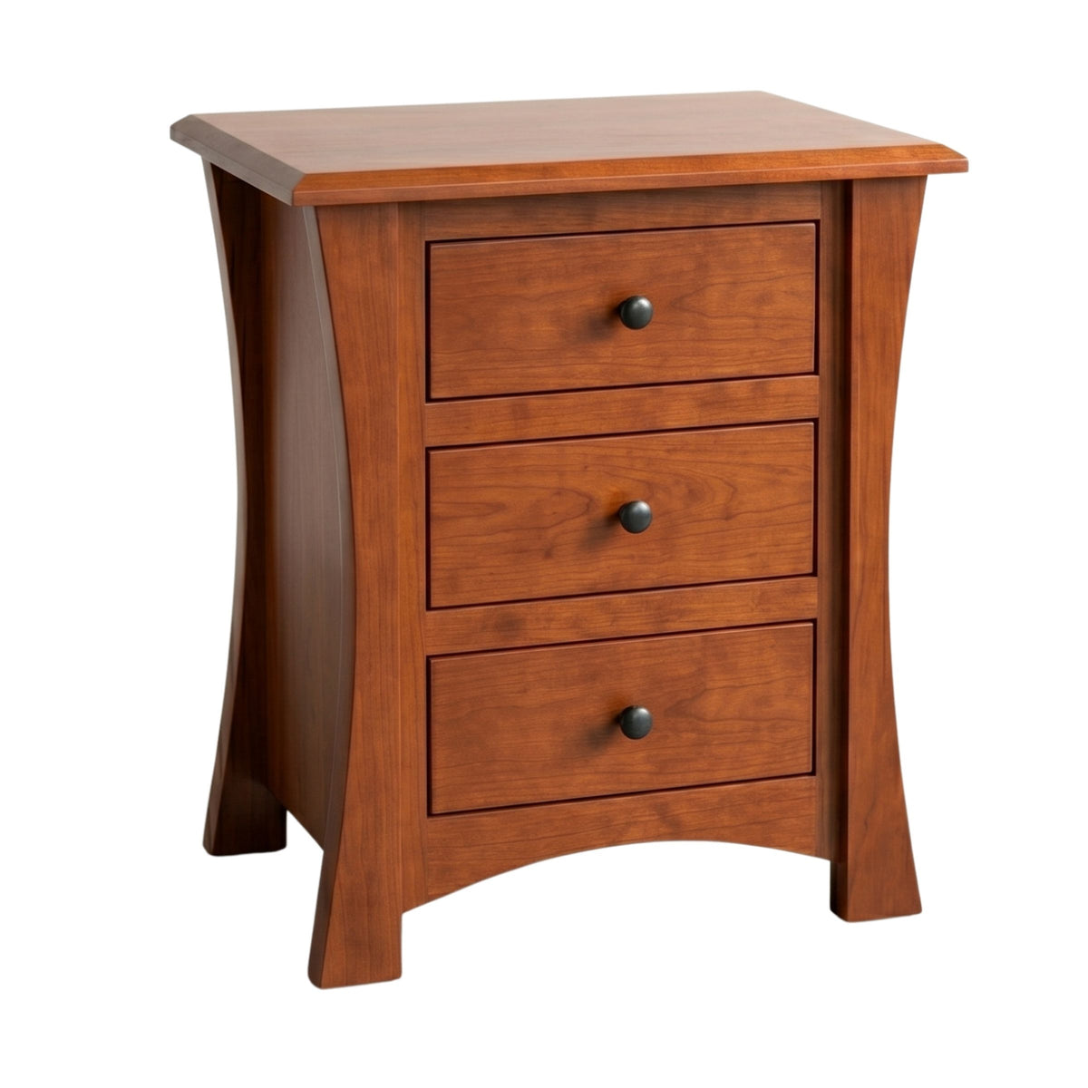 Contemporary solid wood nightstand with three drawers and curved legs