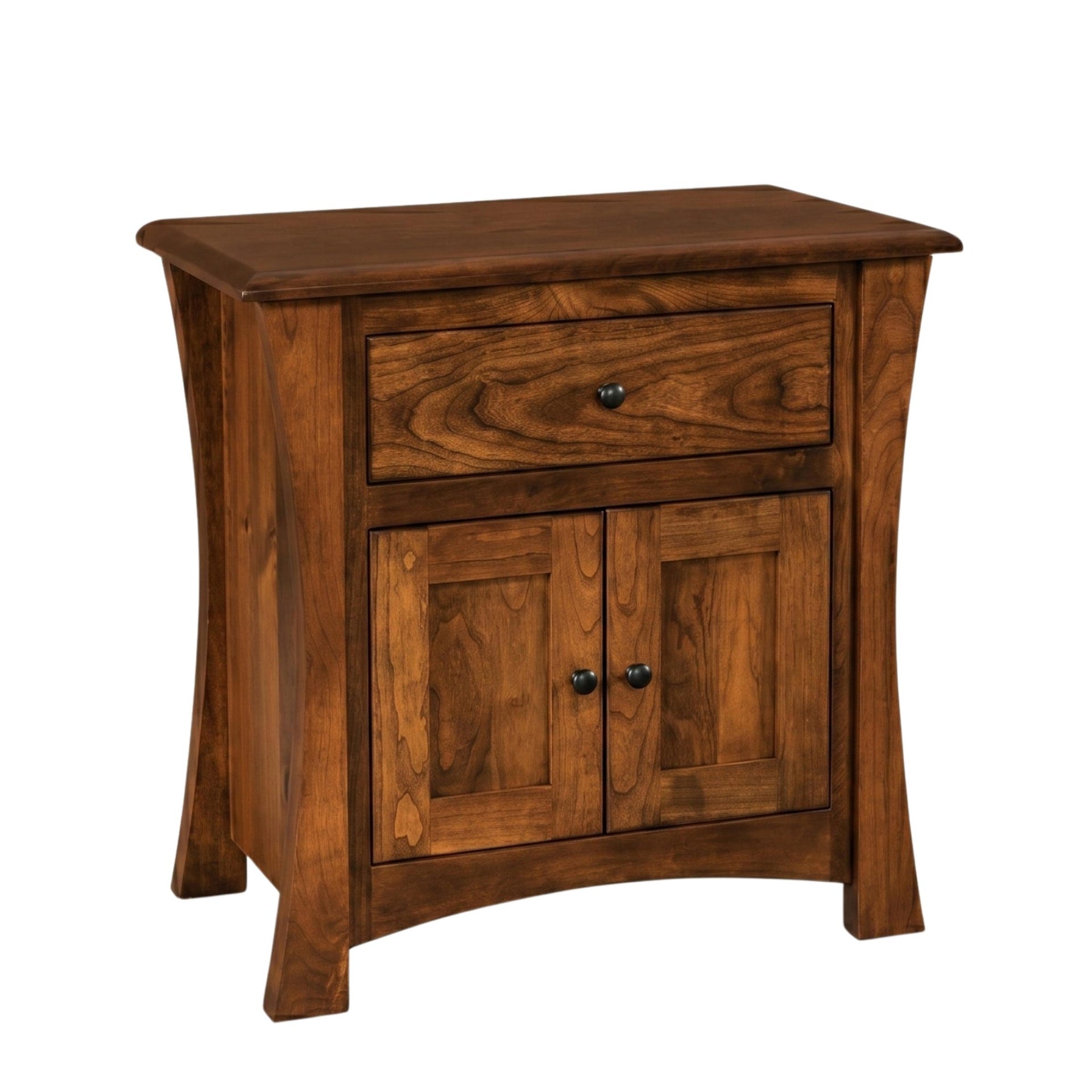 Contemporary wide hardwood nightstand with a drawer and double doors in a warm brown finish.
