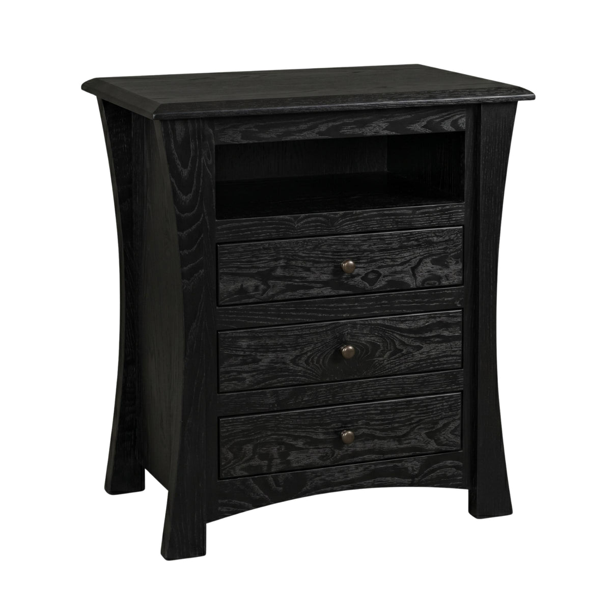 Contemporary black hardwood wide nightstand with three drawers and open shelf.