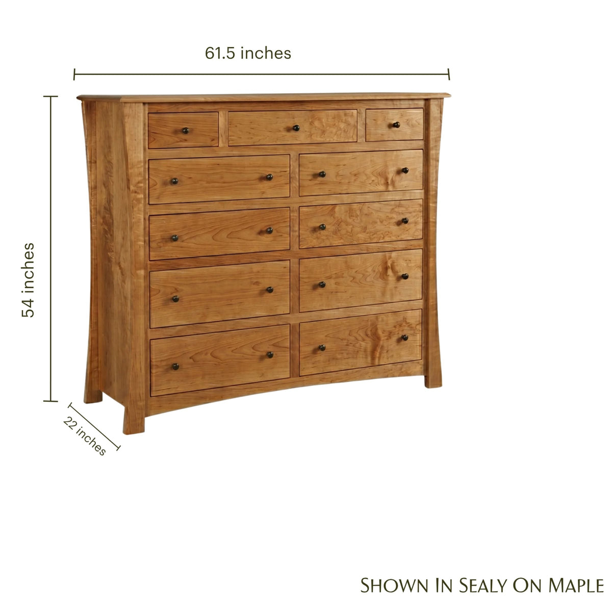Contemporary 11-drawer wooden mule chest in maple with dimensions shown.