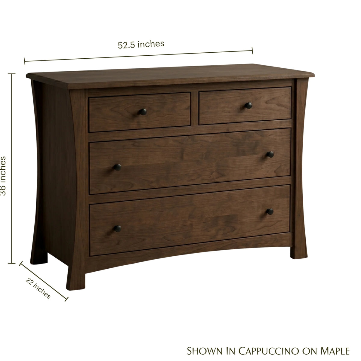 Contemporary 4-drawer hardwood dresser in cappuccino on maple with dimensions.
