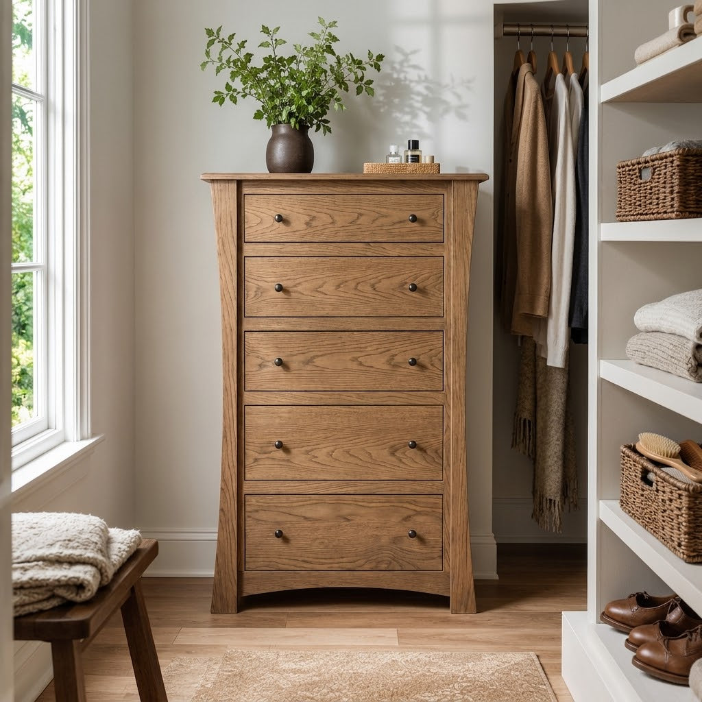 Contemporary 5-drawer chest in natural oak hardwood with flared sides and dark metal knobs.