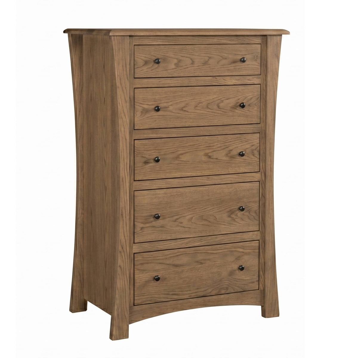 Contemporary 5-drawer chest in natural brown hardwood with curved sides and dark metal knobs.