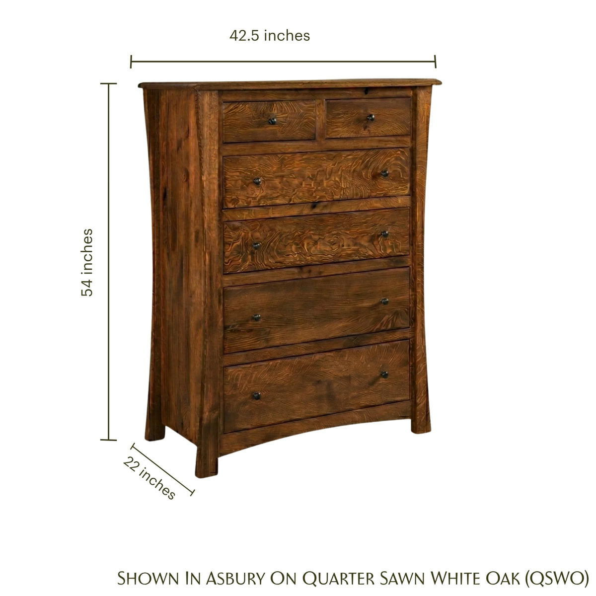 Contemporary 6-drawer chest in Asbury on quarter sawn white oak with dimensions.