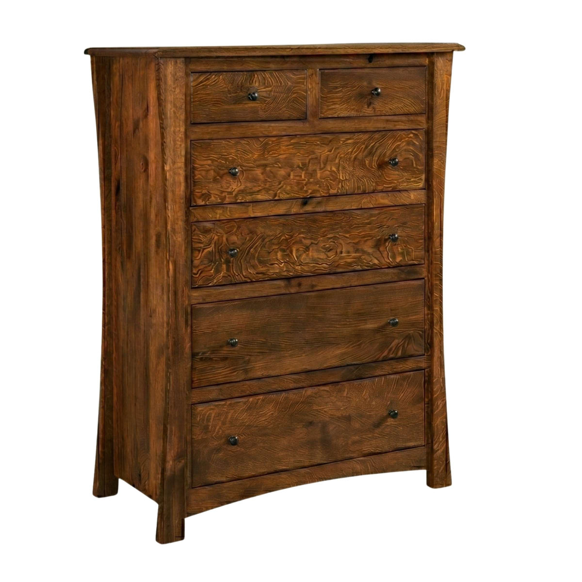 Contemporary 6-drawer wooden chest in a rich brown stain with prominent grain patterns and dark metal knobs.
