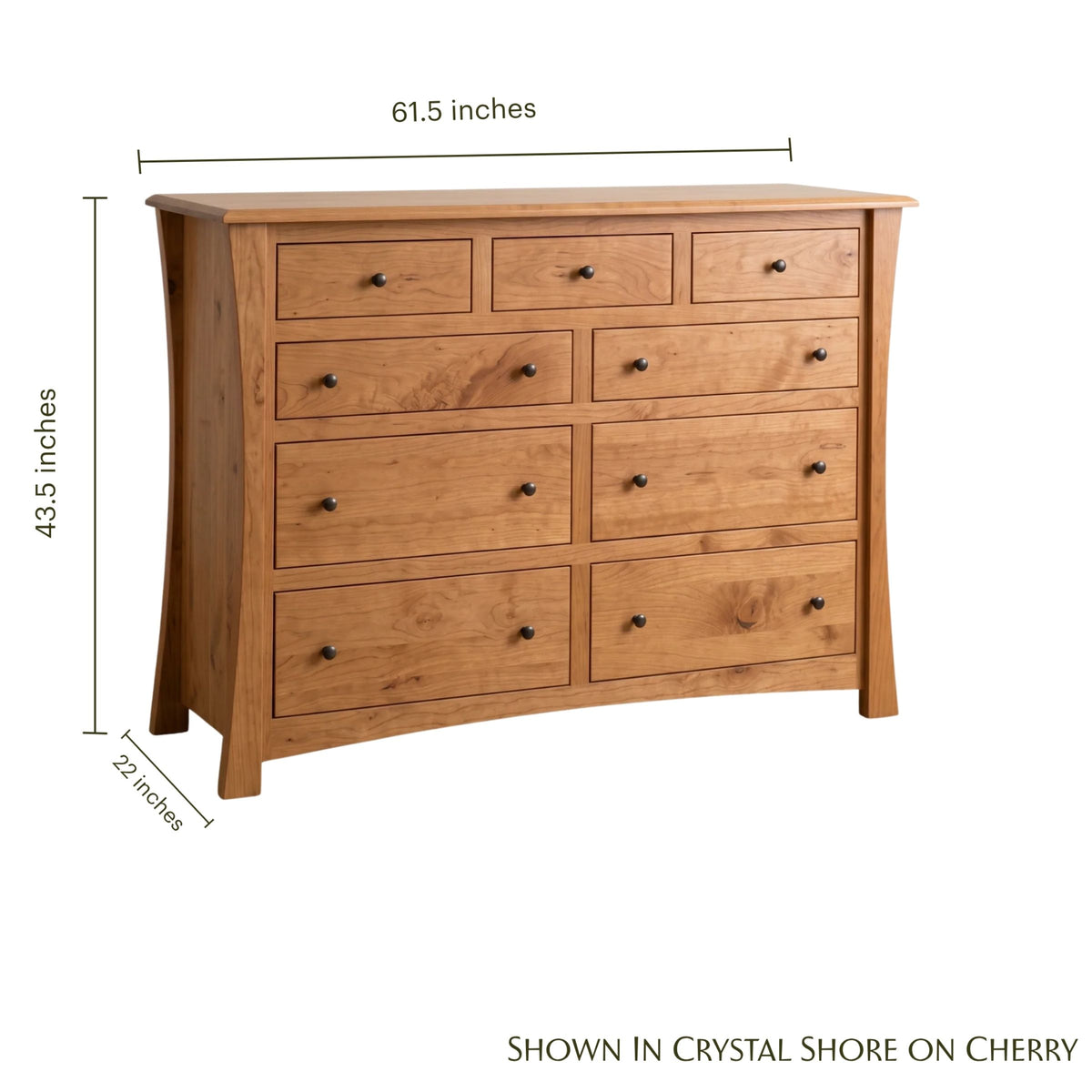 Contemporary 9-drawer cherry wood dresser with dimensions, featuring a warm natural finish and dark metal knobs.