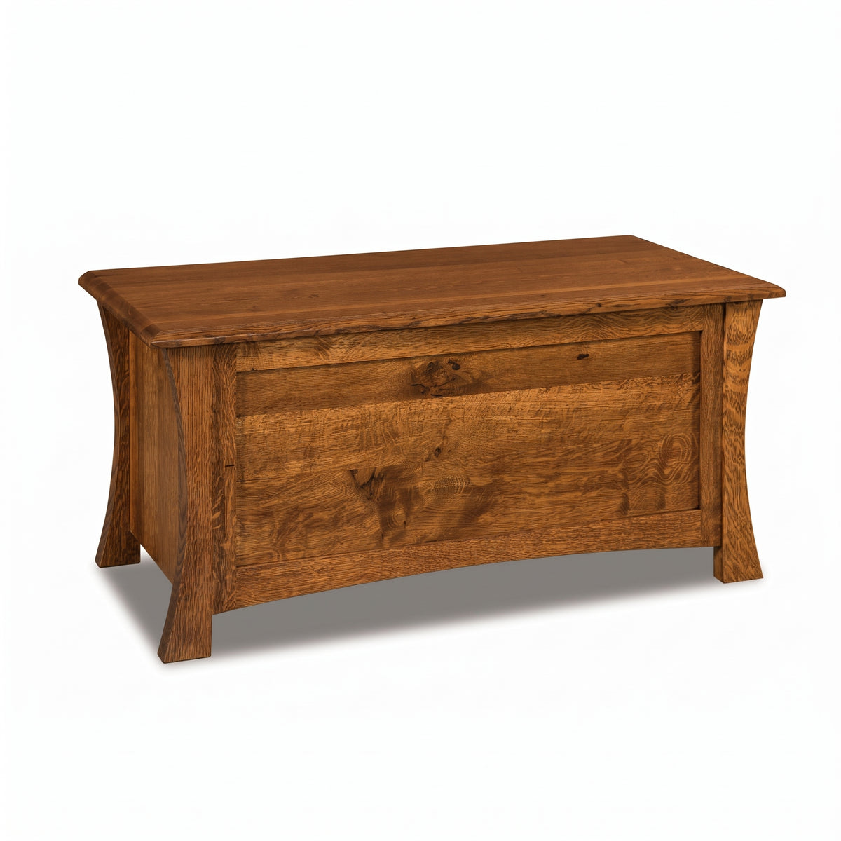 Contemporary solid wood blanket chest with flared legs and natural grain finish.
