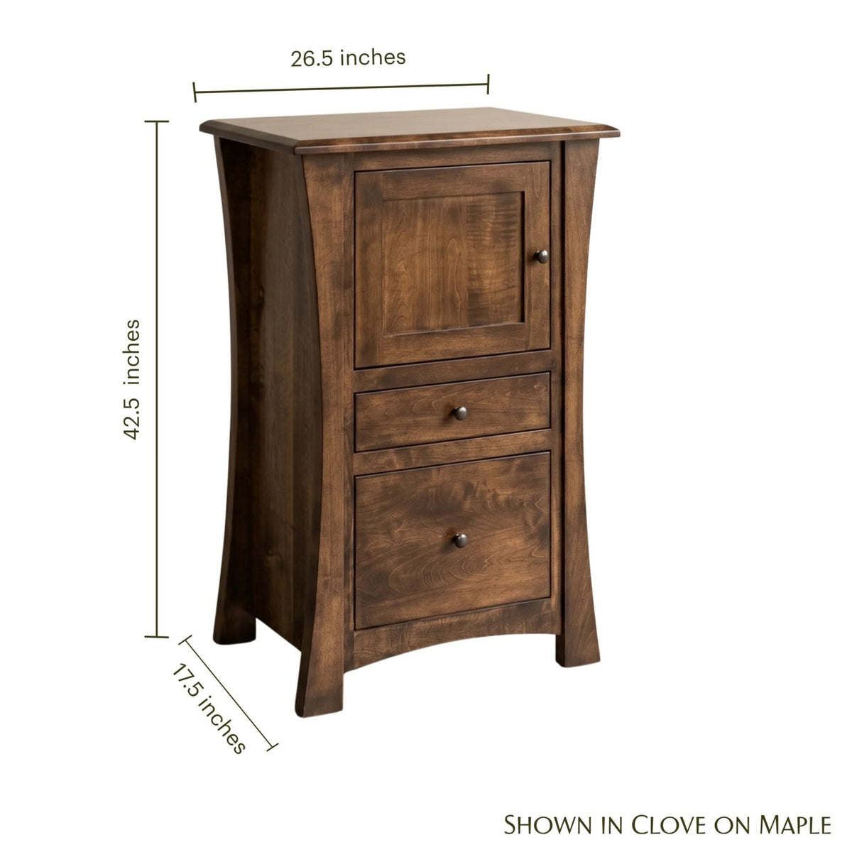 Contemporary CPAP nightstand in clove on maple wood with dimensions shown